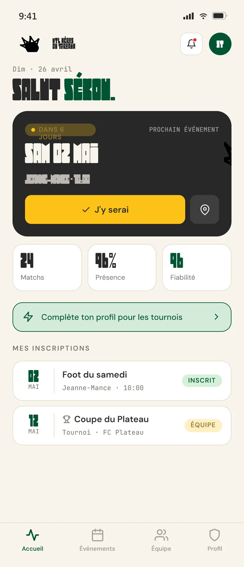 Écran d'accueil de l'app MTL Héros du Terrain : prochain événement, statistiques de présence et inscriptions aux matchs.